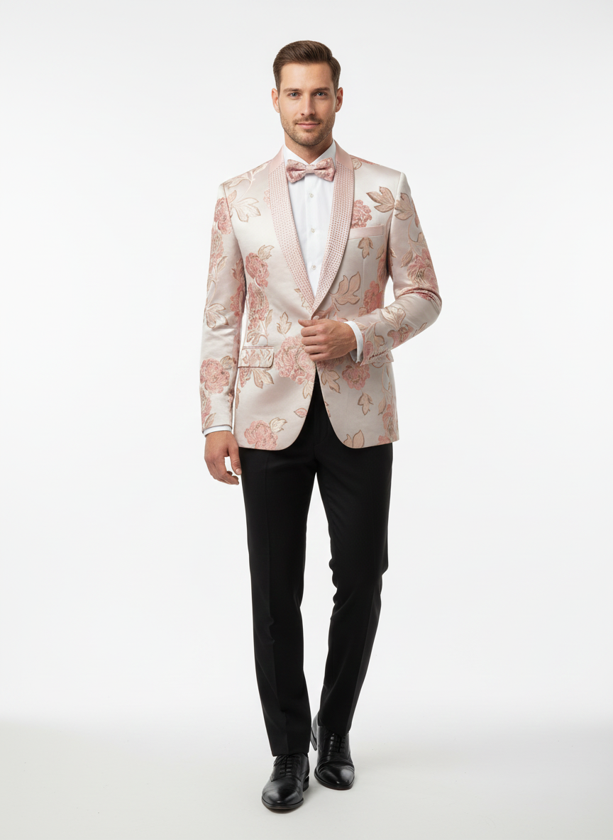 Men’s Pink Blush Floral Jacquard Blazer with Embellished Shawl Lapel – Luxury Party and Wedding Wear Jacket – SuitUSA
