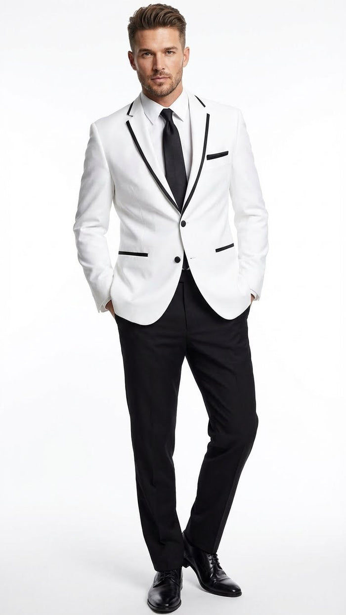 Men’s White Blazer with Black Trim - Wedding and Party Formal Blazer Jacket - White Tuxedo Prom Jacket by USA Men's Outlet