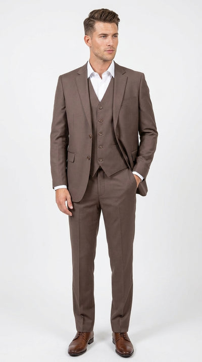 Men’s Zagarie Brand Light Brown Mocha 3-Piece Wool Suit – Modern Wedding, Business and Formal Suit with Pick Stitching