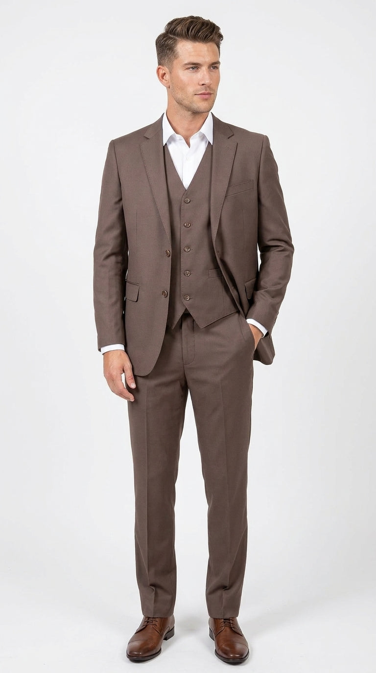 Men’s Zagarie Brand Light Brown Mocha 3-Piece Wool Suit – Modern Wedding, Business and Formal Suit with Pick Stitching