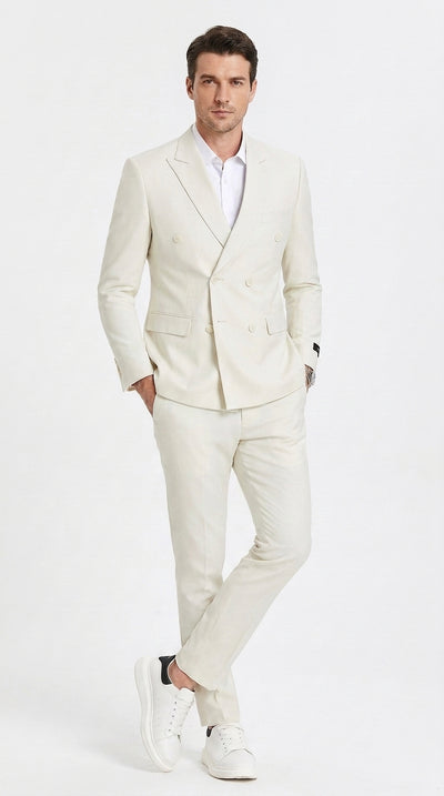Men’s Ivory Cream Double-Breasted Linen Suit – Off-White Summer Wedding Slim Fitted 2-Piece Suit Cream Color