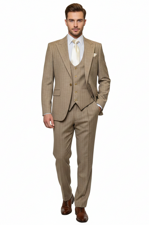 Men’s Beige Pinstripe Three-Piece Suit - Classic Fit Formal Suit with Vest and Flat-Front Pants in Tan Stripe By Rossiman USA Men's Outlet