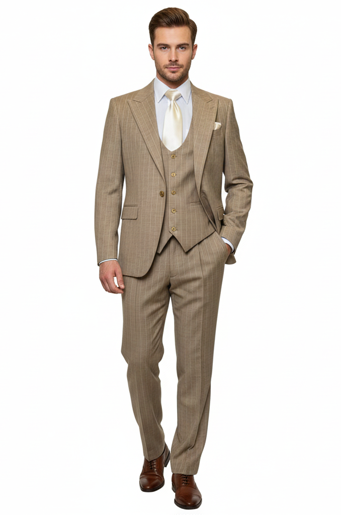 Men’s Beige Pinstripe Three-Piece Suit - Classic Fit Formal Suit with Vest and Flat-Front Pants in Tan Stripe By Rossiman USA Men's Outlet