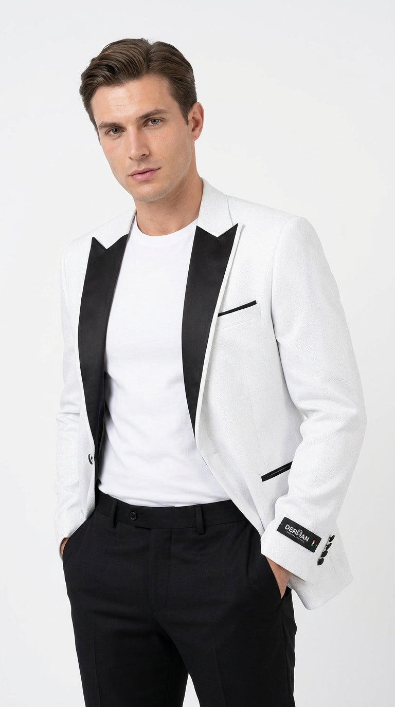 Men's White Sparkle Dinner Jacket – Black Satin Shawl Lapel Tuxedo Blazer   Slim Fit Sequin Shiny Prom Jacket