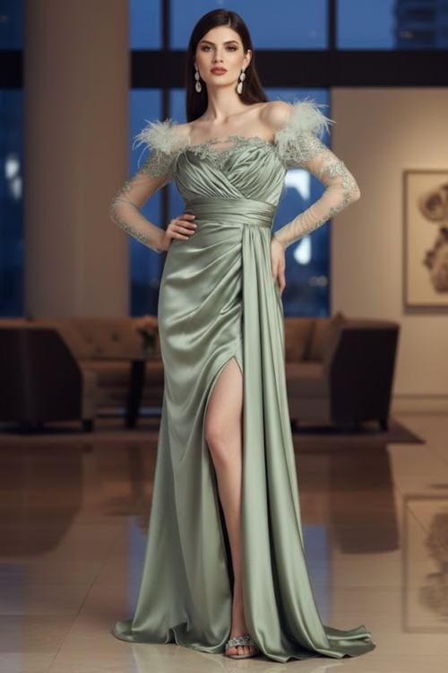 Off The Shoulder Long Sleeve Satin Evening Gown
