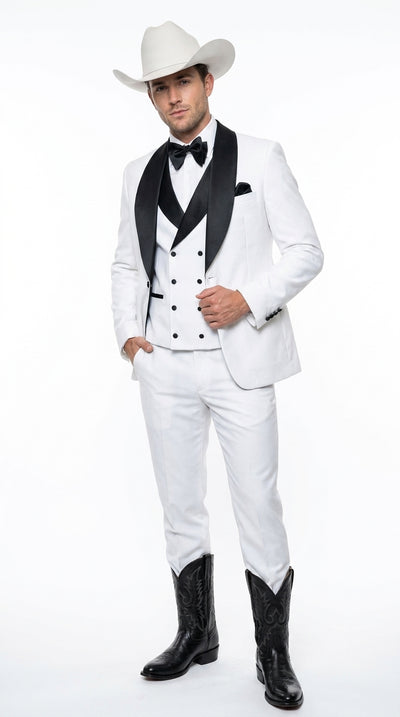 Men’s White and Black Western Wedding Tuxedo – Cowboy Style 3-Piece Traje para Boda with Double-Breasted Vest