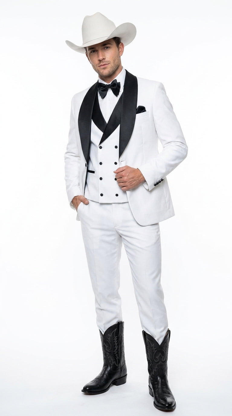 Men’s White and Black Western Wedding Tuxedo – Cowboy Style 3-Piece Traje para Boda with Double-Breasted Vest