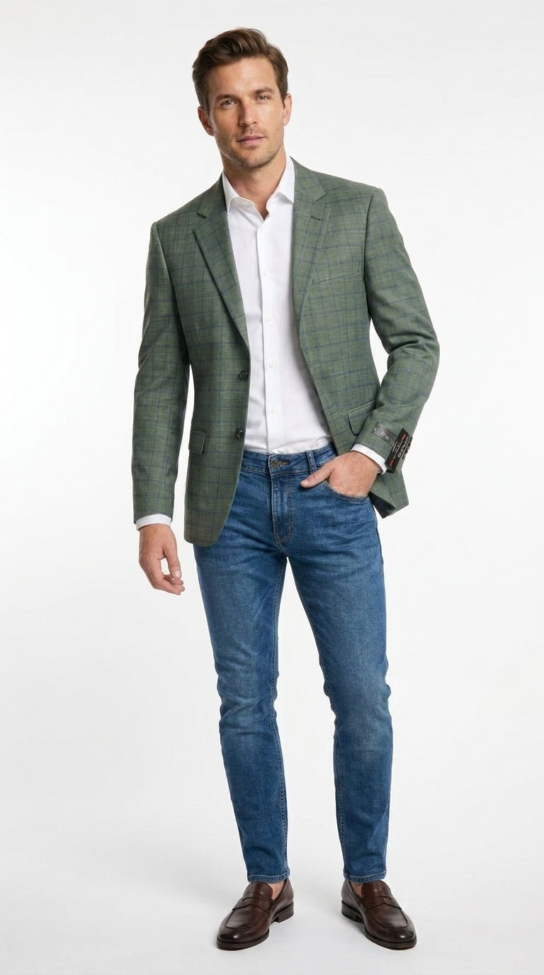 Men’s Sage Green Windowpane 2-Piece Suit – Modern Fit Plaid Wedding, Business and Formal Suit