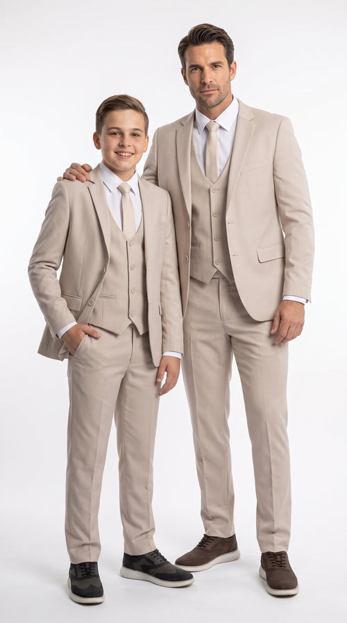 Dad & Son Matching Beige 3-Piece Suits – Father and Son Wedding Formal Suits in Tan Color