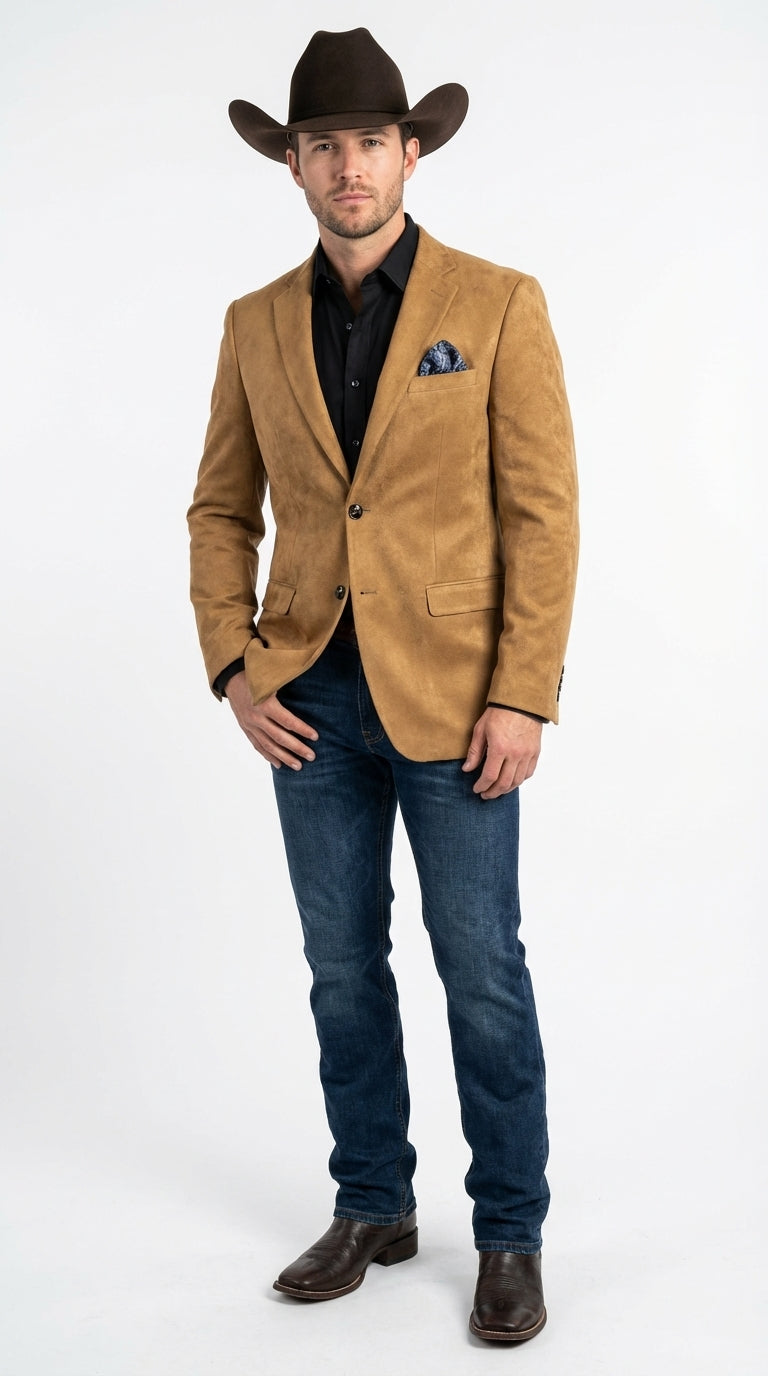 Men’s Camel Suede Cowboy Blazer with Elbow Patch – Camel Western Style Suede Sport Coat for Casual – SuitUSA