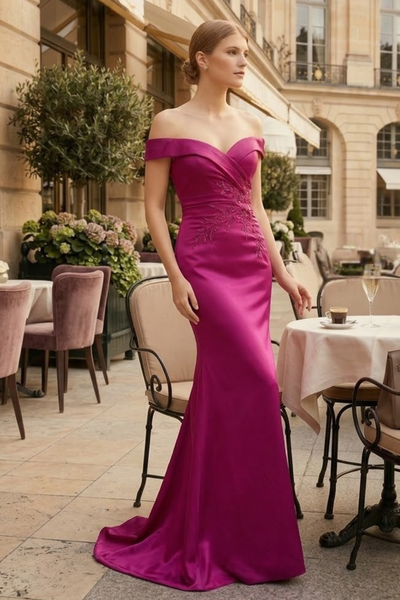 Nox Anabel MT108 Stunning Off-Shoulder Satin Fitted Gown