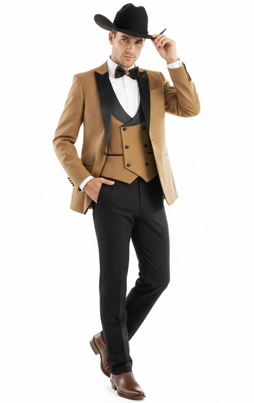 Men’s Western Cowboy Tuxedo - Tan and Black 3-Piece Suit with Satin Lapel and Vest in Mocca Coffee Color USA Men's Outlet