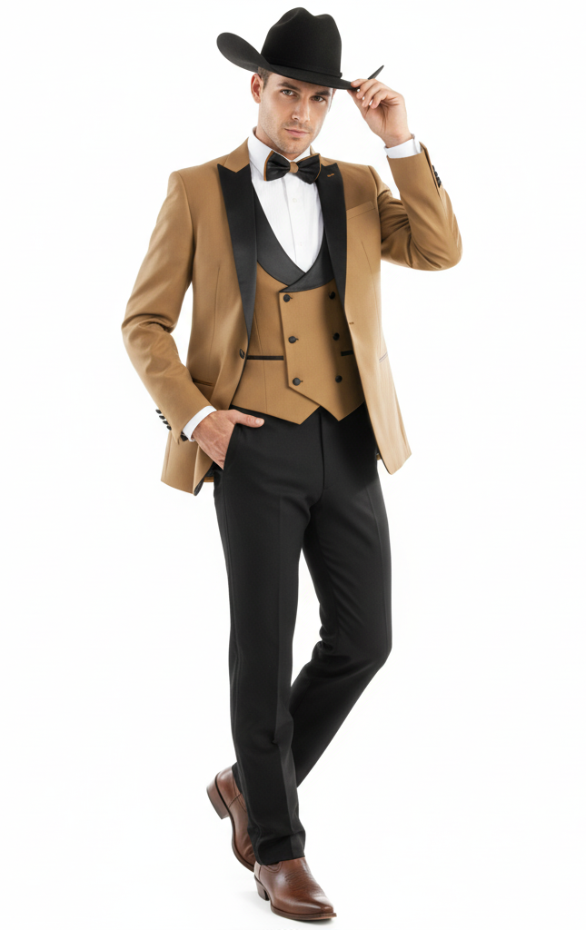 Men’s Western Cowboy Tuxedo - Tan and Black 3-Piece Suit with Satin Lapel and Vest in Mocca Coffee Color USA Men's Outlet