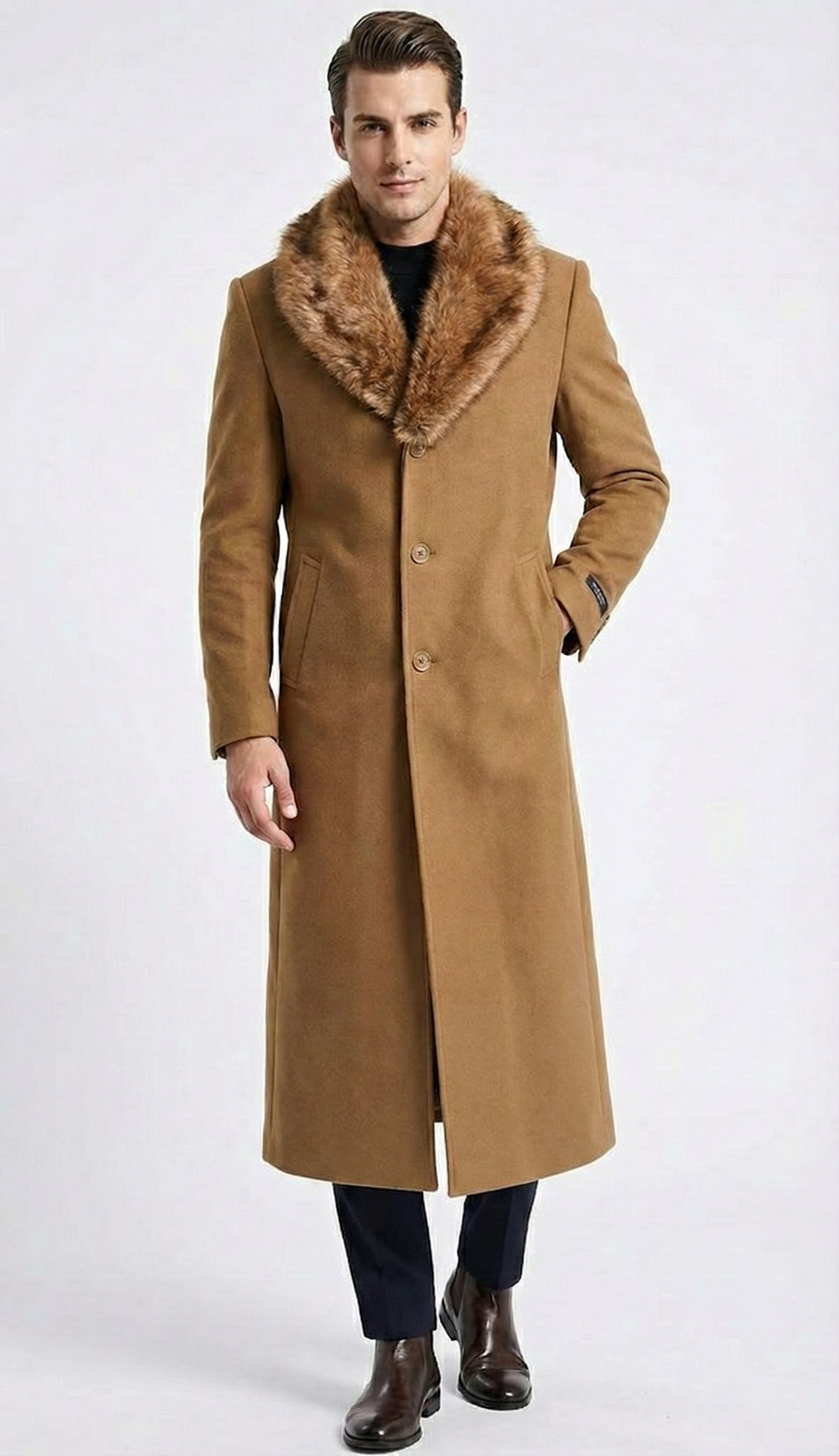 Men's Camel Brown Long Overcoat with Faux Fur Collar, Classic Winter Topcoat for Formal and Business Wear – SuitUSA