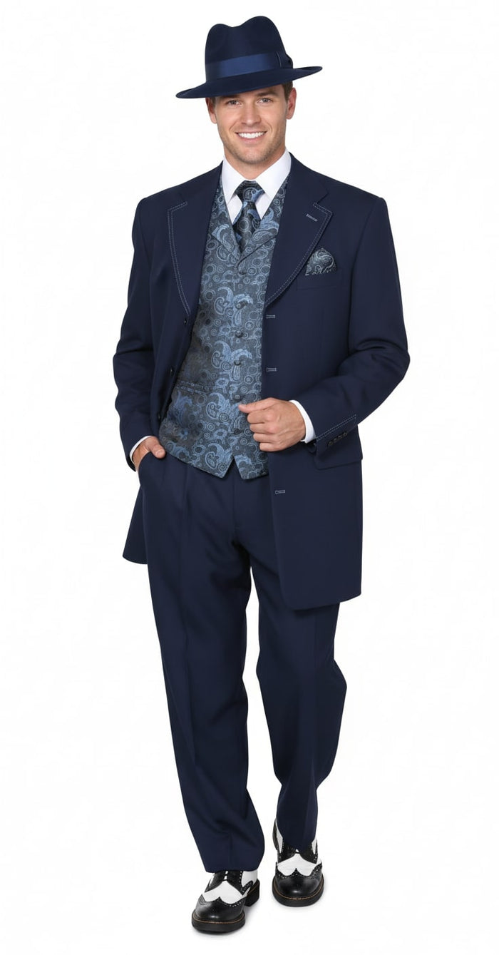 Mens 1920s Navy Blue Zoot Suit - Vintage Gangster 3-Piece Long Jacket Suit Classic Fit Pleated Pants by USA Men's Outlet
