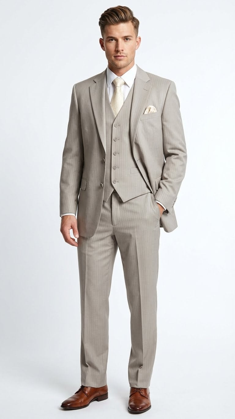 Men’s Light Tan Pinstripe 3 Piece Suit with Jacket, Vest, and Pants | Shadow Stripe Tone Tone Pleated Pants Classic
