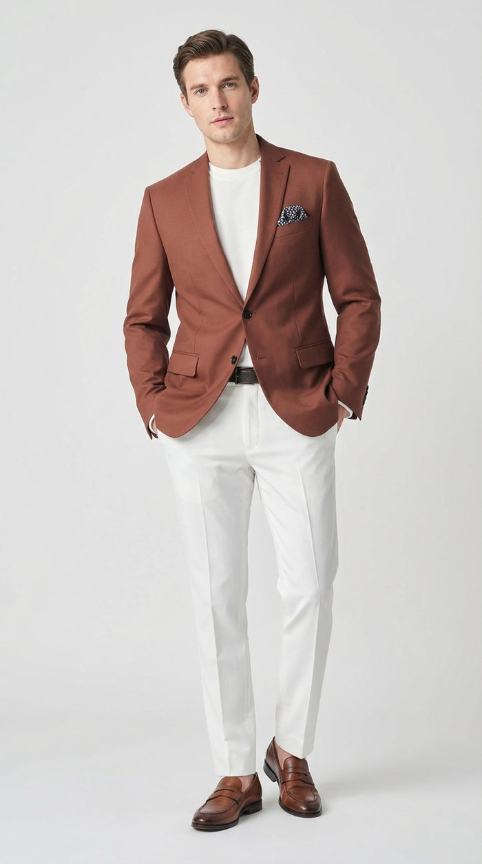 Mens Rustic Brown Light Burnt Orange Copper Blazer – Classic Fit Single Breasted Formal Casual Dress Jacket