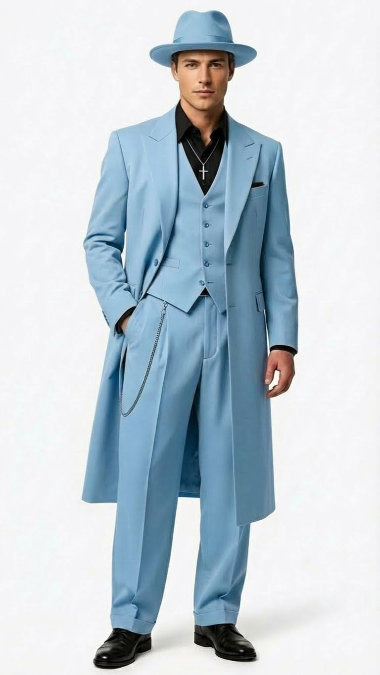 Men’s Light Blue Zoot Suit – 1920s Long Mafia Gangster Three-Piece Vintage Outfit Sky Blue Light Blue Color – SuitUSA