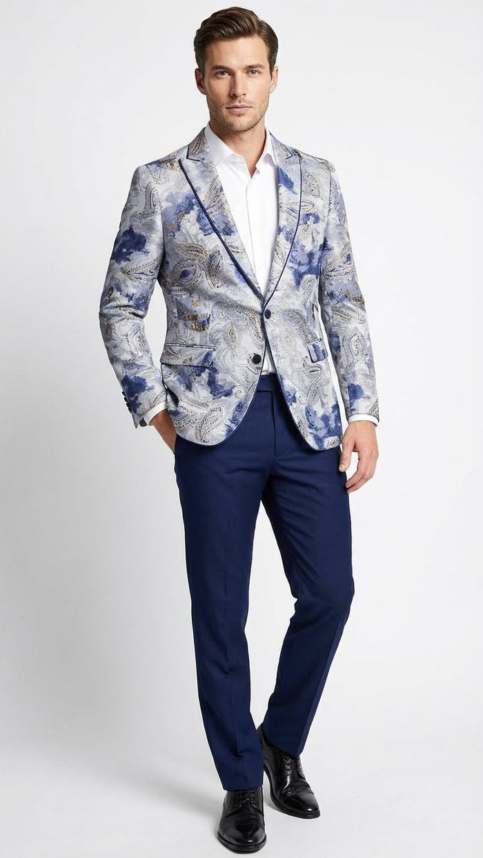 Men’s Navy Blue and Gray Paisley Print Blazer - Prom Jacket for Formal, Party, and Evening Wear by USA Men's Outlet