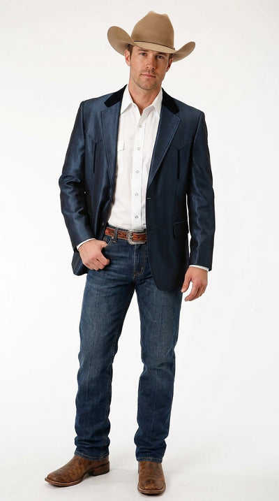Men’s Sapphire Indigo Western Cowboy Blazer – Classic Western Style Jacket, Country Casual Dress Blazer in Navy Blue with sheen