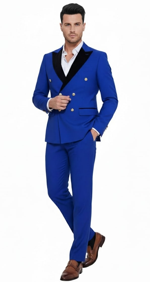 Mens Royal Blue Double-Breasted Tuxedo Suit - Modern Slim Fit Formal Wedding and Prom Outfit with Black Satin Lapel by USA Men's Outlet