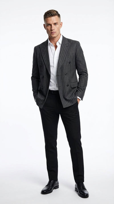 Mens Charcoal Gray Pinstripe Double Breasted Blazer Sport Coat – Classic Formal Business Jacket for Office and Smart Casual Wear