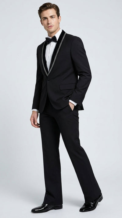 Men’s 1970s Style Black Boot Cut Tuxedo Suit – Shawl Lapel Wedding, Prom and Formal 2-Piece Suit