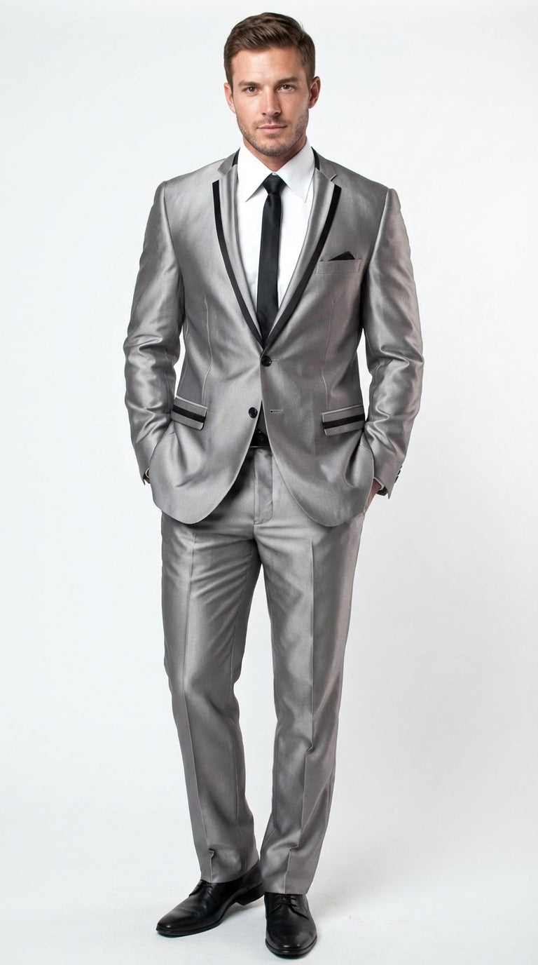 Men’s Silver Sharkskin Tuxedo Suit with Black Piping – Shiny Two Button Formal Suit for Wedding, Prom and Party Wear – SuitUSA