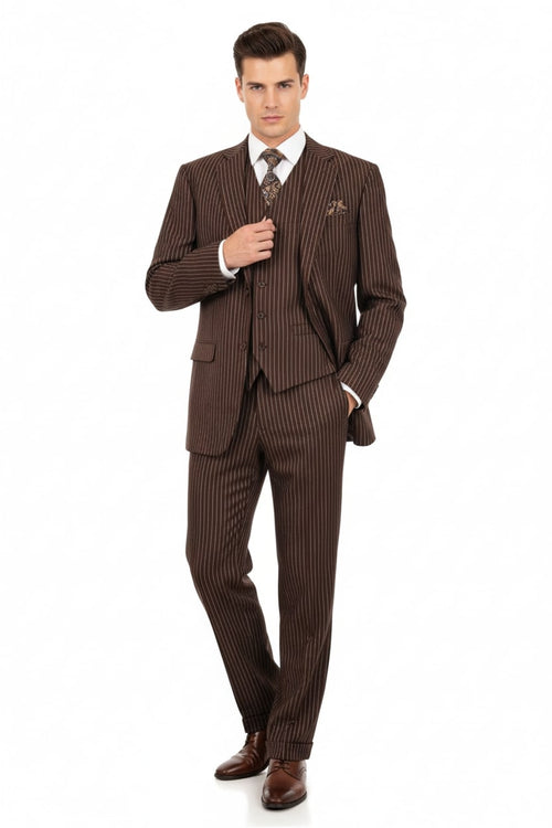 Men’s Brown Pinstripe 3-Piece Suits - Classic Business and Formal Wear with Vest by USA Men's Outlet