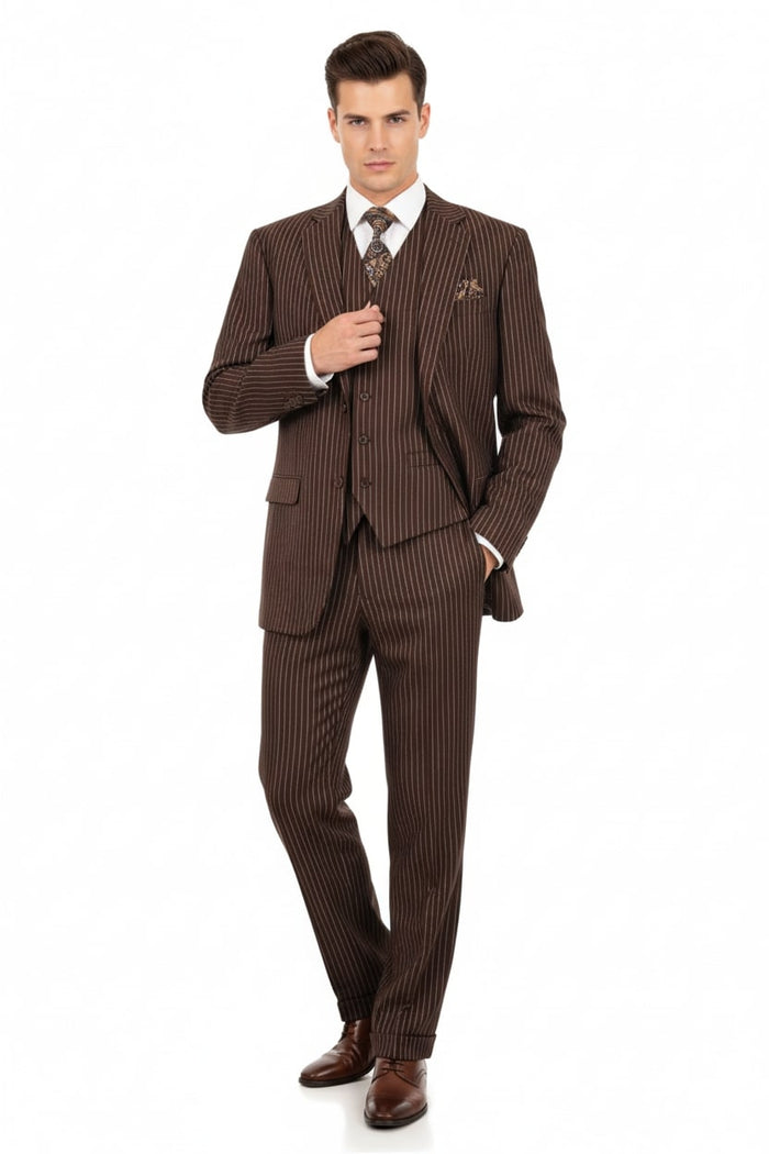 Men’s Brown Pinstripe 3-Piece Suits - Classic Business and Formal Wear with Vest by USA Men's Outlet