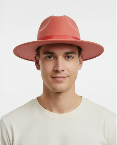 Men’s Coral Pink Wide Brim Fedora Hat – Wool Felt Dress Hat with Red Ribbon Band