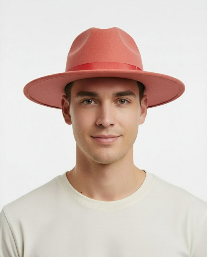 Men’s Coral Pink Wide Brim Fedora Hat - Wool Felt Dress Hat with Red Ribbon Band by USA Men's Outlet