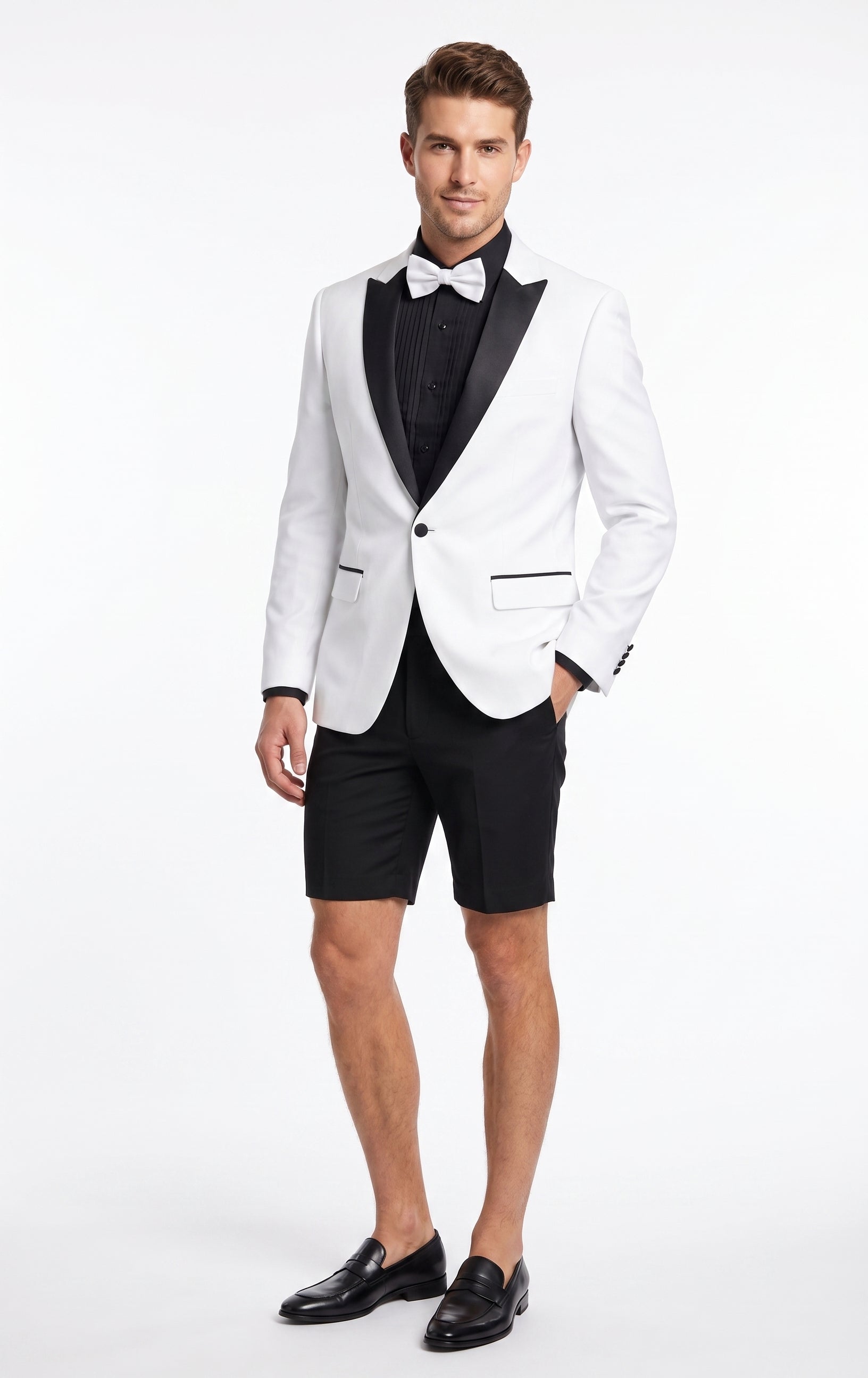 Men’s White and Black Tuxedo Suit with Shorts – Modern Formal Blazer and Short Pants Set for Wedding, Prom Suit – SuitUSA