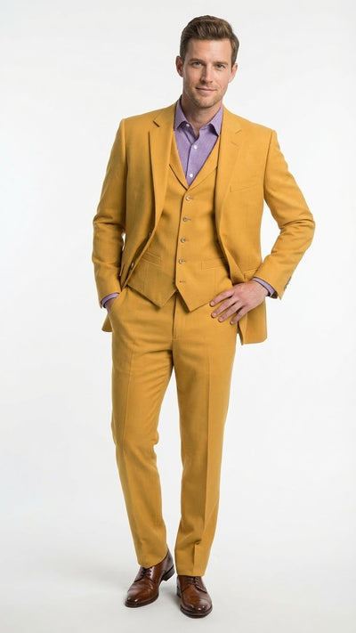 Men’s Mustard Yellow Three Piece Suit - 2 Button Notch Lapel Modern Fit in Gold Color - Church Suit by USA Men's Outlet
