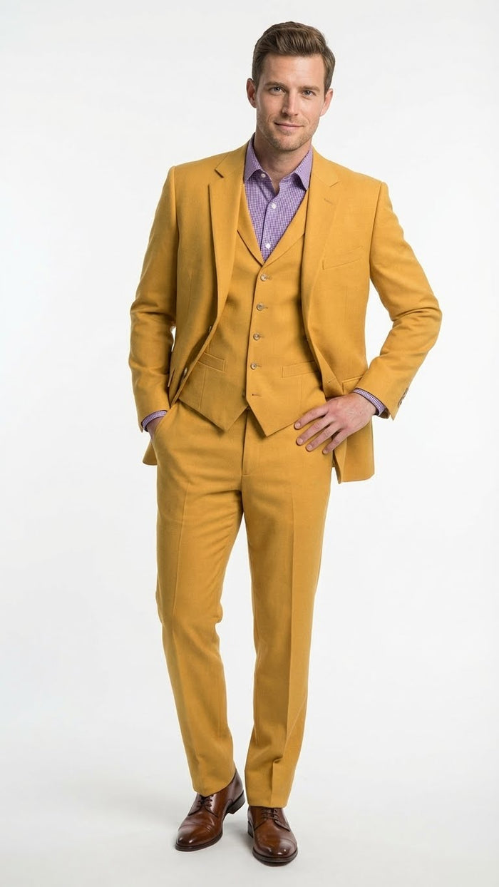 Men’s Mustard Yellow Three Piece Suit - 2 Button Notch Lapel Modern Fit in Gold Color - Church Suit by USA Men's Outlet