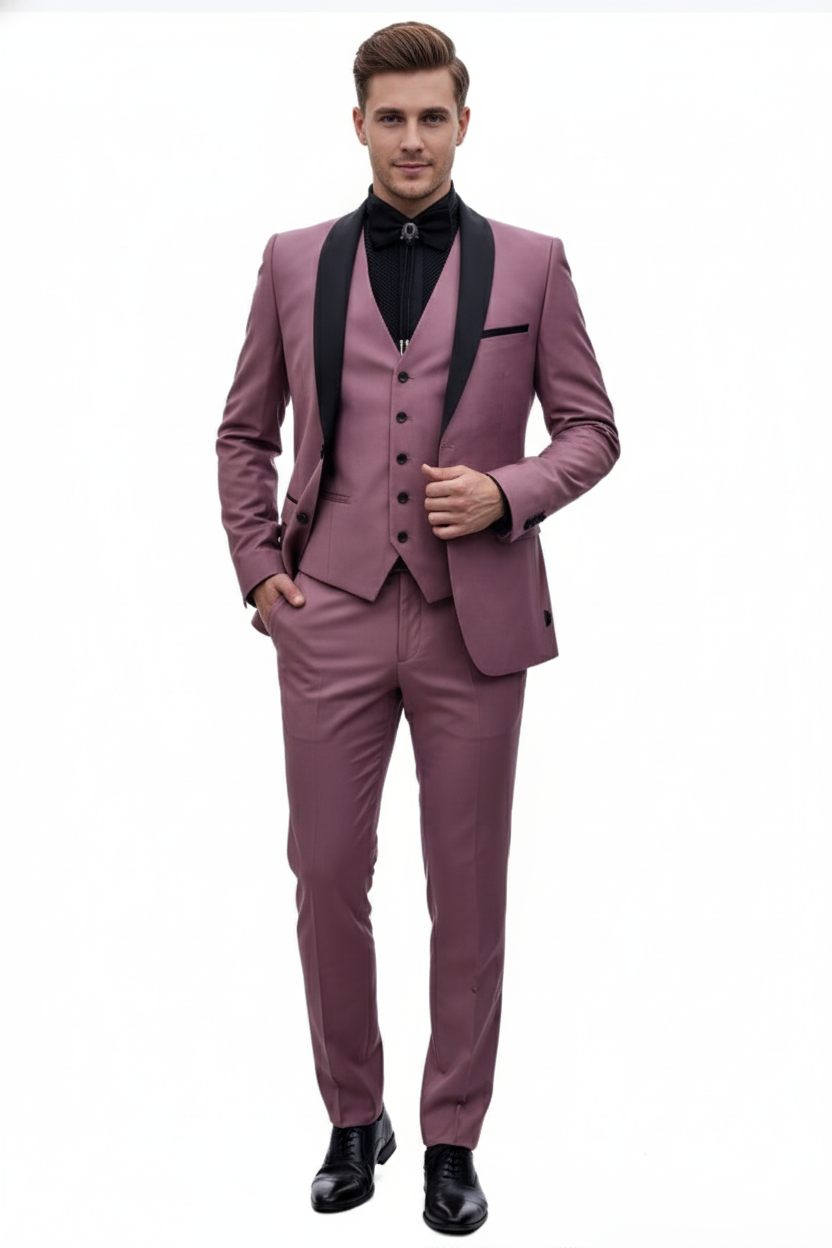 Men's Rose Pink Tuxedo Suit – Luxury Three-Piece Formal Wear with Black Satin Lapel Dusty Mauve Color – SuitUSA