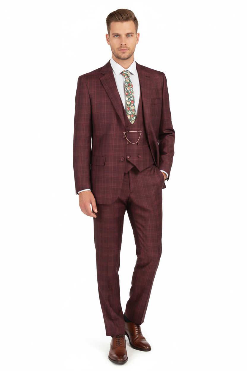 Men’s Burgundy Checkered 3-Piece Suit – Windowpane Classic Fit Plaid Blazer with Vest and Pants – SuitUSA