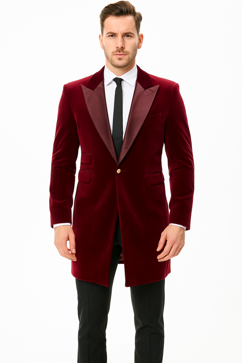 Men’s Burgundy Tuxedo in  Velvet  Long Blazer – Victorian Cutaway Tuxedo Suit 1920s Gangster Style Long Jacket with Black Pants