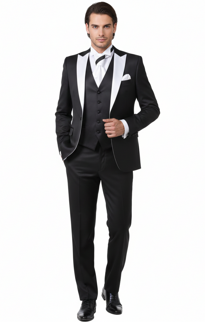 Men’s Black and White Lapel Prom Tuxedo Suit + Black Vest + Black Pants Peak Lapel USA Men's Outlet