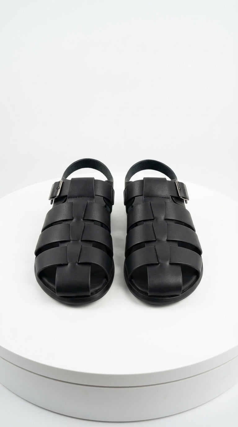 Mens Black Leather Sandals – Buckle Strap Casual Summer Shoes Breathable Open Toe Comfort Footwear – SuitUSA