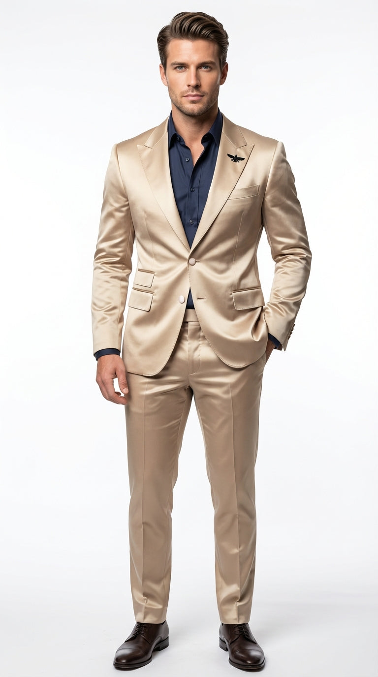 Mens Shiny Champagne Gold Two Piece Suit – Luxury Formal Satin Finish Suit for Wedding, Party and Evening Wear – SuitUSA