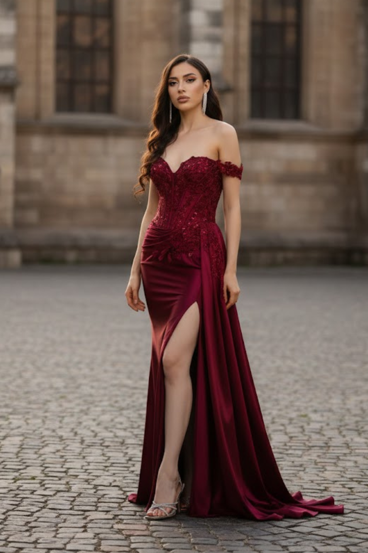 Off-Shoulder Sequin Applique Satin Evening Gown Formal Prom Dress By May Queen MQ2179