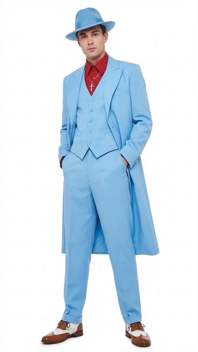 Men’s Light Blue 1920s Zoot Suit – Long Mafia Gangster Three-Piece Vintage Costume Set in Baby Powder Blue Color - Prom Wedding Suit – SuitUSA