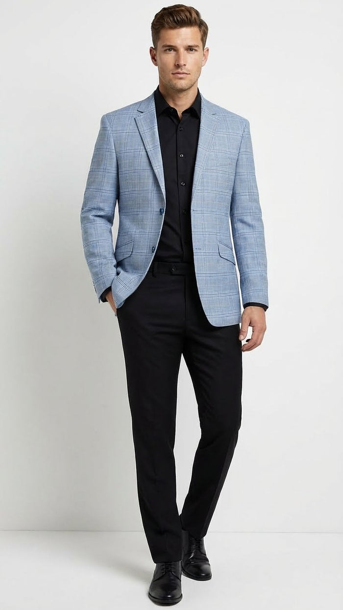 Men’s Big and Tall Light Blue Checkered Blazer and Sport Coat - Sky powder blue windowpane plaid pattern Jacket by USA Men's Outlet