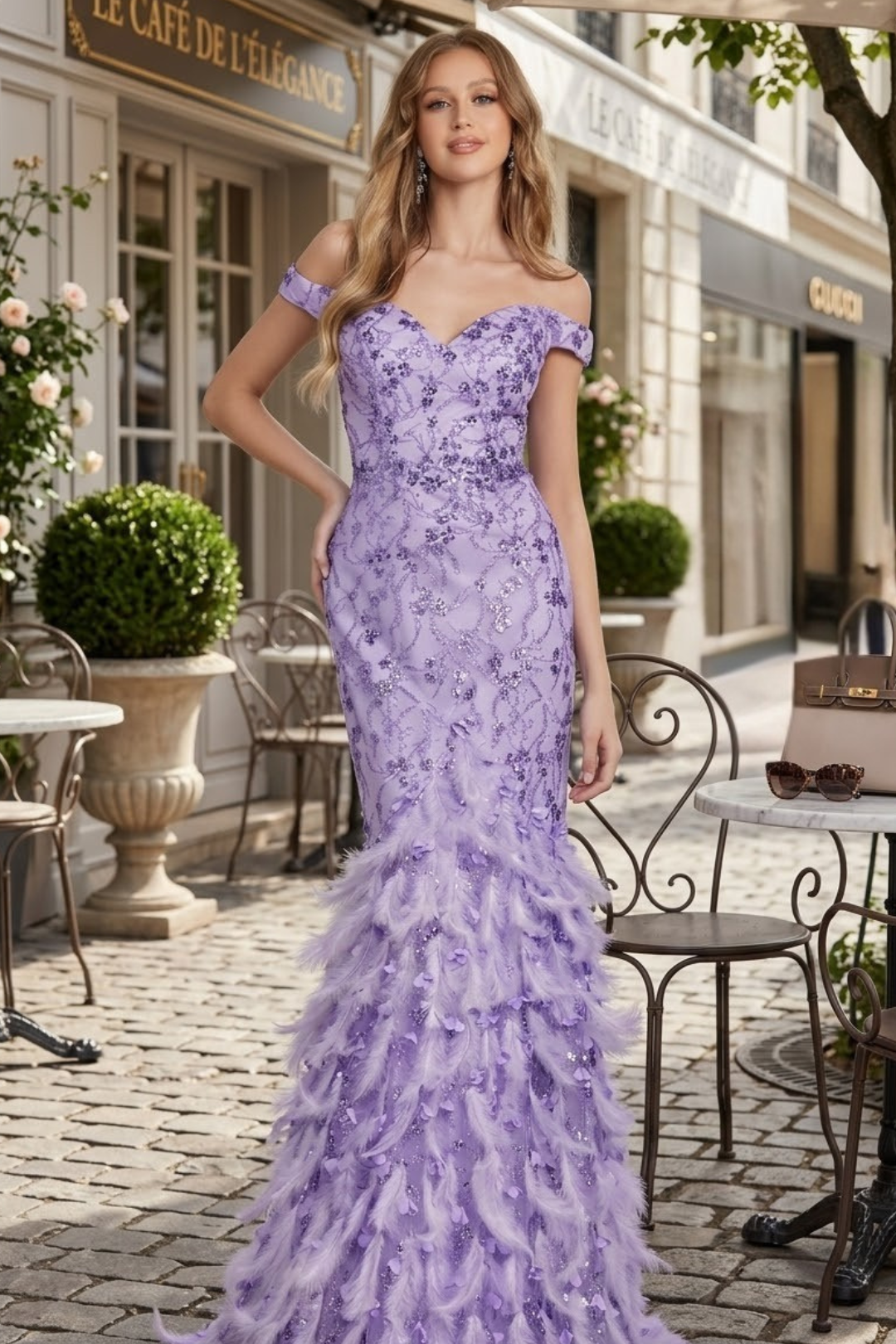 Nox Anabel C1106 Glamorous Glitter Prom Dress with Feather Skirt