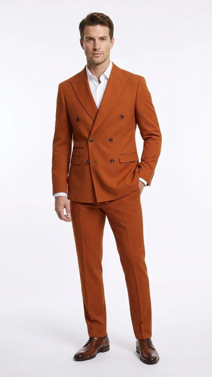 Vitali Brand Men’s Burnt Orange Double Breasted Suit - in Rust Brick Copper Color USA Men's Outlet