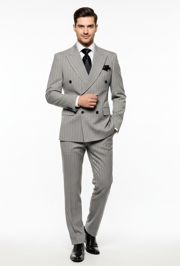 Men’s Grey and Black Pinstripe Double-Breasted Suit - 1920s Gangster Vintage Looking suit By Rossiman USA Men's Outlet