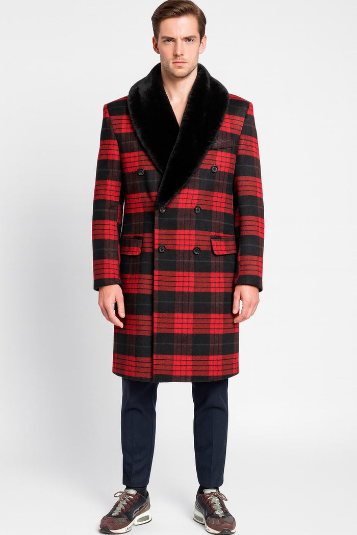 Mens Red and Black Plaid Wool Overcoat with Black Faux Fur Shawl Collar - Double-Breasted Winter Coat - Tartan Designs by USA Men's Outlet