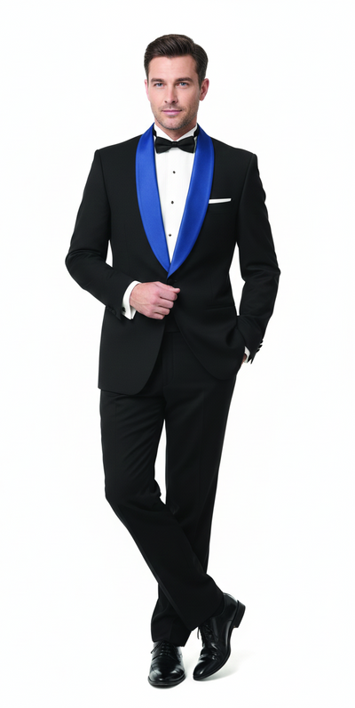 Men’s Black Tuxedo with Royal Blue Shawl Lapel | Modern Formal Dinner Jacket Suit + Pants for Weddings, Proms