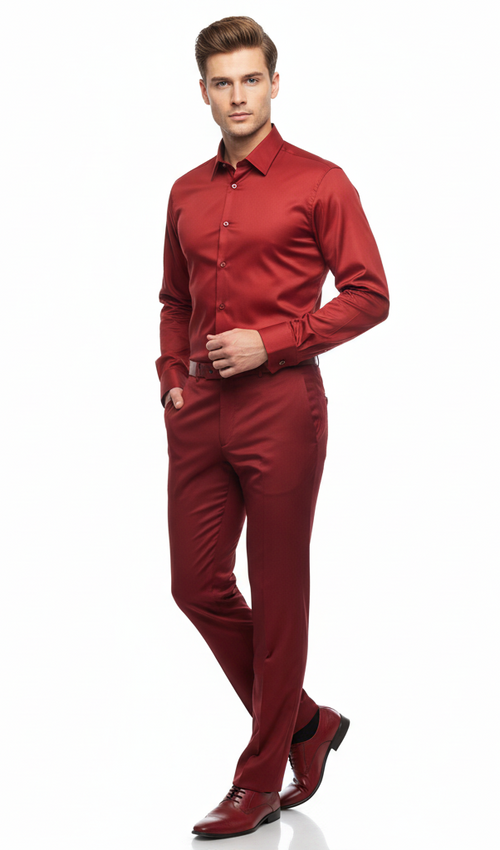 Men’s Red Satin Dress Shirt - Luxury Long Sleeve Formal Shirt for Parties, Weddings, and Business Wear by USA Men's Outlet